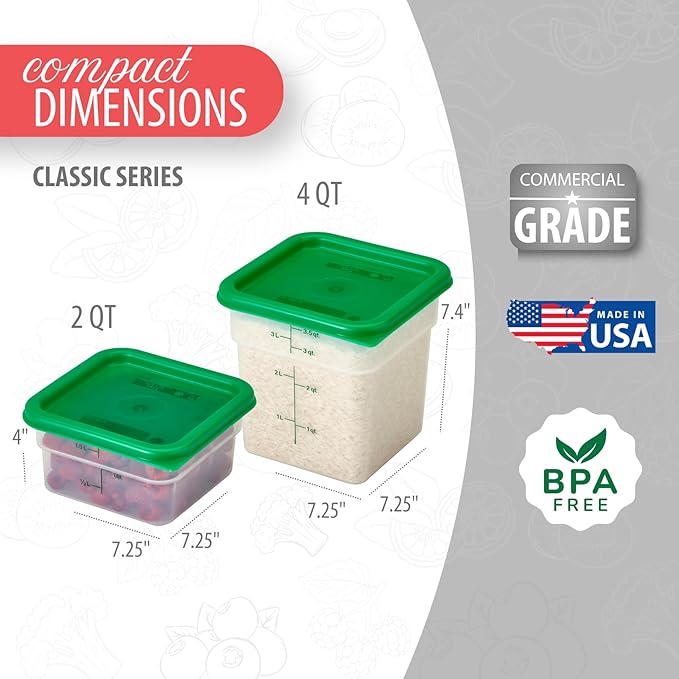 Cambro Food Storage Container with Lid (Microwave Safe and BPA-Free) - 2 Pack - Classic Series Square with Green Lid - 2 and 4 QT (Quart) - Commercial Grade for Food Prep (Translucent) - Image 3