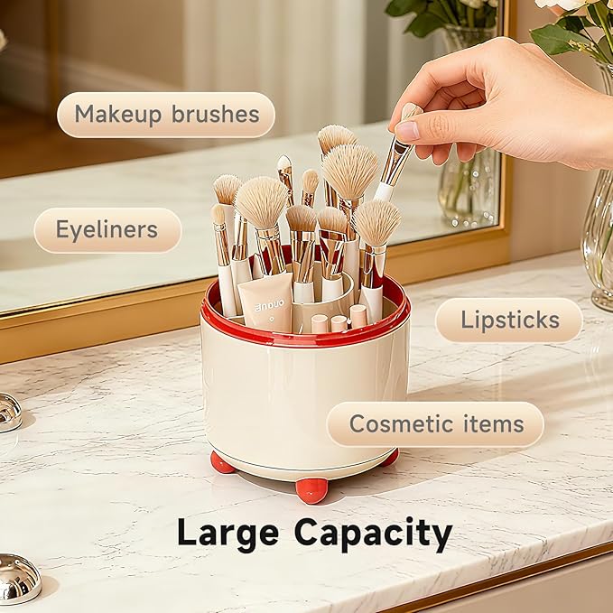 Makeup Brush Holder with Lid, Cosmetic Tools Organizer with Cover, 360° Rotating Sliding Opening Dustproof Brushes Container for Vanity, Ideal Gift for Girlfriend Wife Friends (Red)