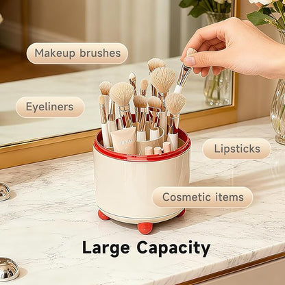 Makeup Brush Holder with Lid, Cosmetic Tools Organizer with Cover, 360° Rotating Sliding Opening Dustproof Brushes Container for Vanity, Ideal Gift for Girlfriend Wife Friends (Red)
