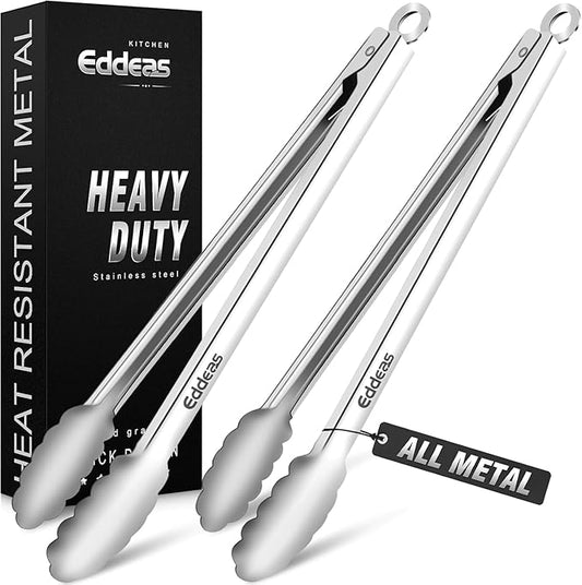 Grill Tongs, 600 Degrees Heat Resistant 17 Inch Extra Long BBQ Tongs, All Metal Kitchen tongs, Heavy Duty Stainless Steel Locking Tongs for Cooking, Grilling, Barbecue/BBQ, Buffet, 2 Pack by Eddeas