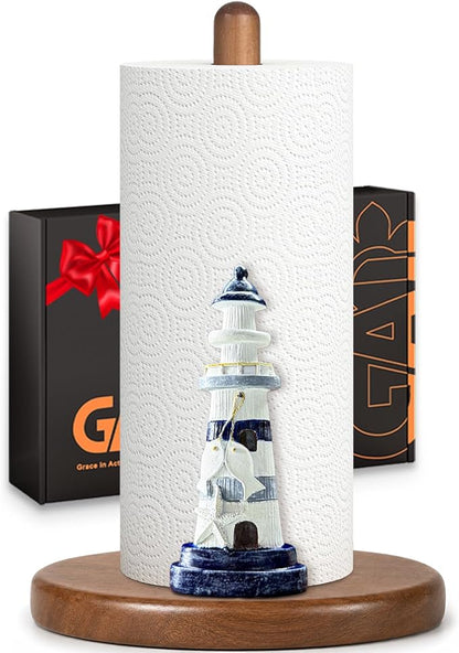 Lighthouse Paper Towel Holder, Nautical Coastal Beach Ocean Decor for Kitchen Bathroom Countertop, Freestanding Wooden Stand, Standard & Jumbo Rolls, Lighthouse Gift for Women