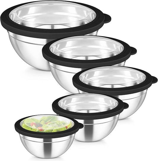 TeamFar Mixing Bowls Set, 4.5/3/1.5/1/0.7 QT Stainless Steel Nesting Salad Bowls with Airtight Lids, For Serving/Mixing/Storing, Non-Toxic & Heavy Duty, Visible & Easy Clean, Black, Set of 5 by TeamFar