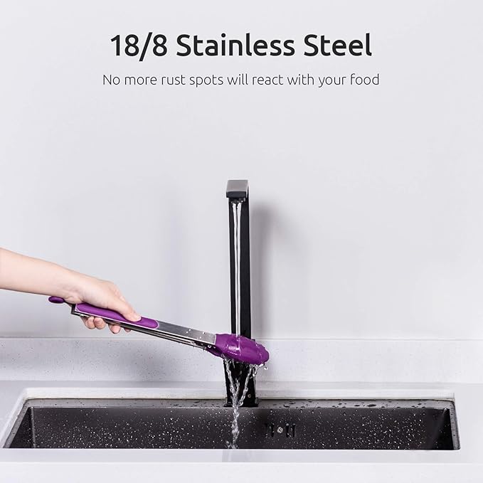 U-Taste Kitchen Tongs, 7/9/12 inches Cooking Tongs, with 600ºF High Heat-Resistant Non-Stick Silicone Tips, 18/8 Stainless Steel Handle, for Food Grill, Salad, BBQ, Frying, Serving, Pack of 3(Purple) - Image 8