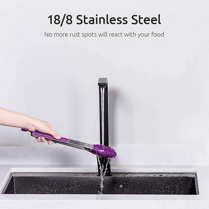 U-Taste Kitchen Tongs, 7/9/12 inches Cooking Tongs, with 600ºF High Heat-Resistant Non-Stick Silicone Tips, 18/8 Stainless Steel Handle, for Food Grill, Salad, BBQ, Frying, Serving, Pack of 3(Purple) - Image 8