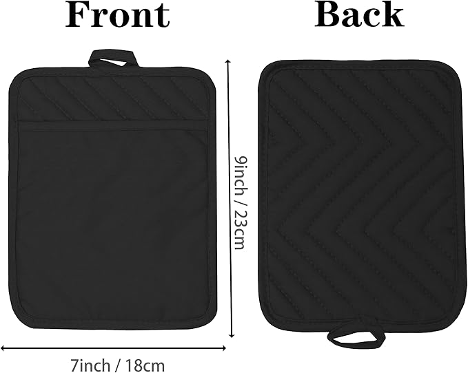 Oven Pot Holder with Pocket Cotton Heat Resistant Coaster Potholder Kitchen Hot Pad Oven Mitts for Cooking Square 7"x9" Set of 3 (Black) - Image 2