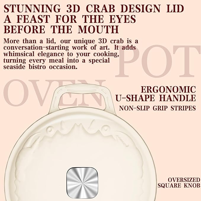 Enameled Cast Iron Dutch Oven - 5QT Dutch Oven Pot with Crab Lid & Oversized Knob & Ergonomic Handles - Heavy Duty Cookware for Braising, Stews, Roasting, Bread Baking - Cream White - Image 2
