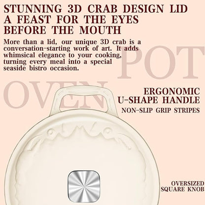 Enameled Cast Iron Dutch Oven - 5QT Dutch Oven Pot with Crab Lid & Oversized Knob & Ergonomic Handles - Heavy Duty Cookware for Braising, Stews, Roasting, Bread Baking - Cream White - Image 2
