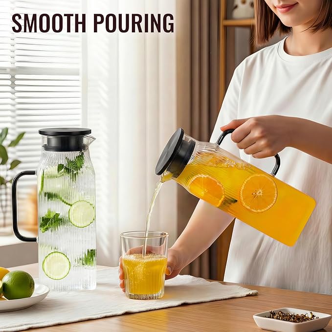 2 Pack 2 Liter/68 oz Square Glass Pitcher with Lid, Classic Stripes Water Pitchers with Handle for Fridge, Large Jug for Iced Tea, Coffee, Borosilicate Glass Carafe for Hot/Cold Brew Drink, Black - Image 6