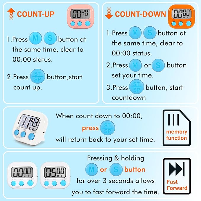 6 Pack Multi-Function Electronic Timer, Learning Management, Suitable for Kitchen, Study, Work, Exercise Training, Outdoor Activities(not Including Battery) - Image 3