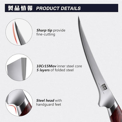 SHAN ZU Fillet Knife 7 inch, Razor Sharp Boning Knife for Meat in 10Cr15Mov Japanese High Carbon Steel Fish knife, Professional Kitchen with Flexible Blade and Ergonomic Pakkawood Handle - Image 3