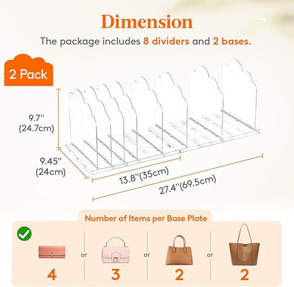 Lifewit Purse Organizer for Closet, 9.7" Tall Clear Handbags Storage Organizer, Adjustable Clutch Organizer Holder for Closet, 2 Pack Bookshelf Dividers for Sweater in Bedroom 35 x 24cm/14 × 9.5"
