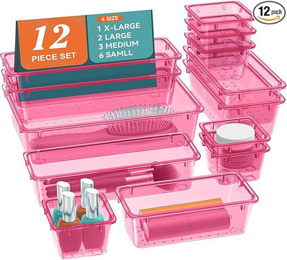 ElegantArray 12 PCS Drawer Organizer Set, 4 Sizes Tool Storage Trays, Clear Plastic Makeup Vanity Organizer and Storage Bins for Stationeries, Multiple Gadgets for Office, Bedroom, Pink by Unknown