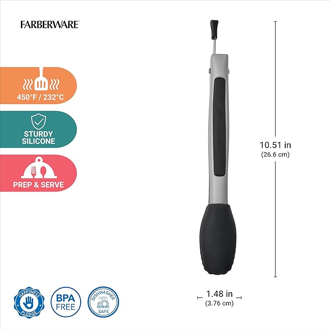 Farberware Silicone-Tipped Locking Kitchen Tongs – Heat Resistant, Nonstick Safe, Ergonomic Handle, Scalloped Tips, Durable and Dishwasher Safe, 9 Inch - Image 2