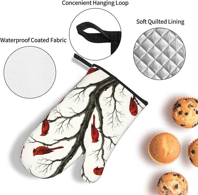 Christmas Pot Holders and Oven Mitts Set of 3,Winter Red Cardinal Kitchen Gloves Hot Pads for Oven Baking Cooking BBQ Grilling,Cardinals Kitchen Decor & Christmas Cardinal Gifts for Women