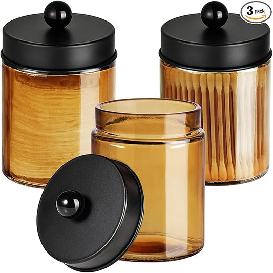 3 Pack Apothecary Jar Canisters Bathroom Vanity Organizer - Qtip Holder Storage Organizer Set Countertop Canister with Stainless Steel Lids &Cute Stickers for Qtips,Cotton Swabs,Makeup Sponges,Floss