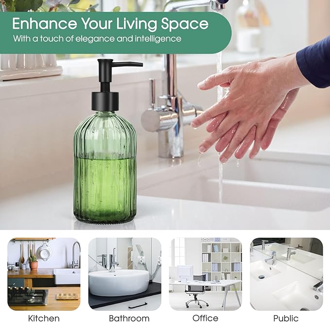 Topsky Glass Soap Dispenser with Black Plastic Pump, 400ml Liquid Hand Soap Dispenser, Rustproof Pump for Kitchen & Bathroom, Great for Lotions, Essential Oil, Liquid Soaps (Army Green) - Image 6