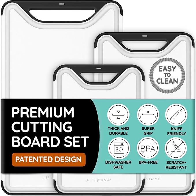 𝐏𝐫𝐞𝐦𝐢𝐮𝐦 𝐓𝐡𝐢𝐜𝐤 Cutting Boards for Kitchen, Plastic Cutting Board Set of 3, Dishwasher Safe Cutting Boards w/Juice Grooves for Meat, Veggies, Easy Grip Handle, Easy Grip Handle