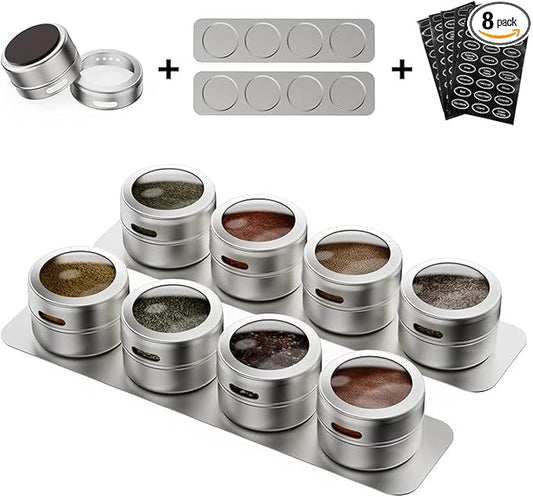 Vetacsion Set of 8 Magnetic Spice Tins with 2 Metal Wall-Plates,100 Preprinted Seasoning Label Stickers,2 Styles for 3 oz Herb Jars by HOMESTORAGE