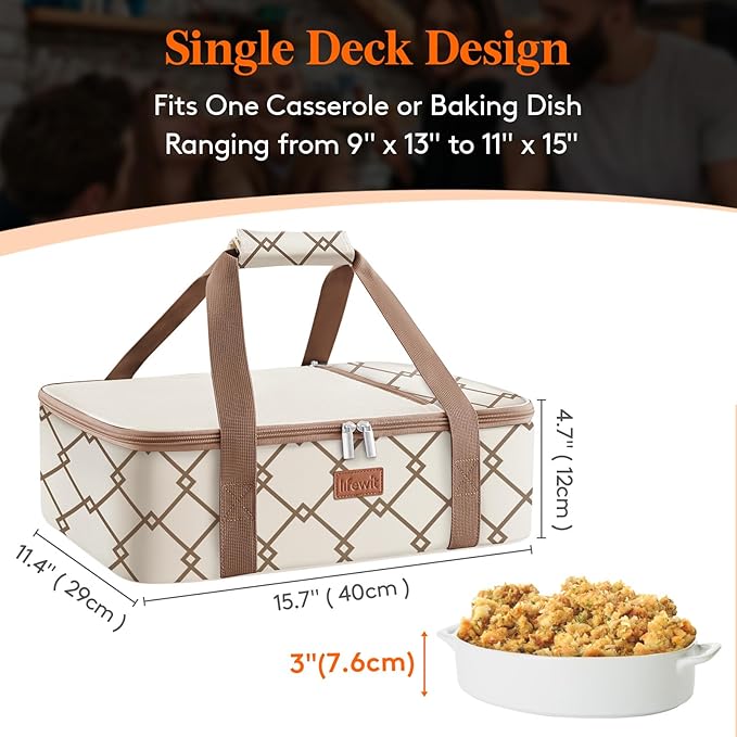 Lifewit Insulated Single Decker Casserole Carrier, Lasagna Lugger Holder for Hot or Cold Food, Fits 9" x 13" Baking Dish, Thermal Lunch Tote Bag for Potluck Parties, Picnic and Cookouts, Cream