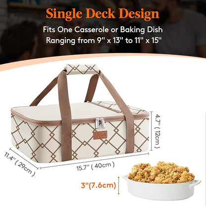 Lifewit Insulated Single Decker Casserole Carrier, Lasagna Lugger Holder for Hot or Cold Food, Fits 9" x 13" Baking Dish, Thermal Lunch Tote Bag for Potluck Parties, Picnic and Cookouts, Cream