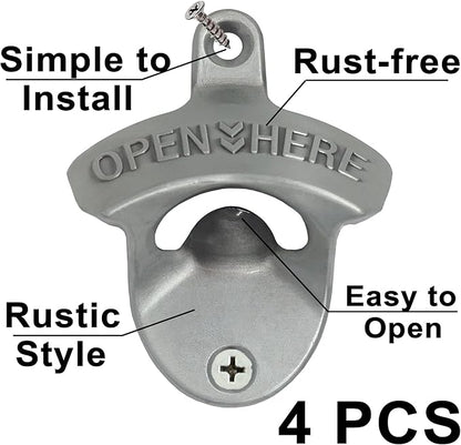 4 PCS Bottle Opener Wall Mounted Stainless, Antique Silver Rust-free Screw in Wall Beer Cap Bottle Opener Outdoor for Post Kitchen Cupboard - Image 2