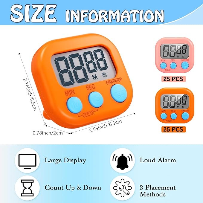 Xuhal 50 Pieces Digital Kitchen Timer Bulk, Small Magnetic Timers for Classroom, Digits Stopwatch Clock Timer for Cooking Baking Sports Games Office, Not Including Battery (Pink,Orange) - Image 2