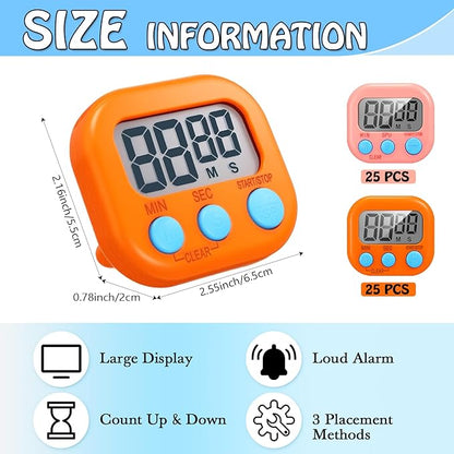 Xuhal 50 Pieces Digital Kitchen Timer Bulk, Small Magnetic Timers for Classroom, Digits Stopwatch Clock Timer for Cooking Baking Sports Games Office, Not Including Battery (Pink,Orange) - Image 2