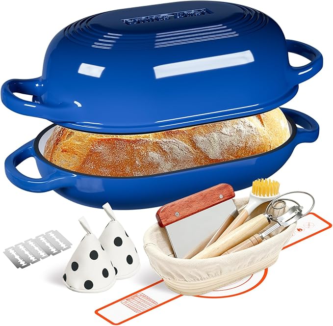 Enameled Cast Iron Dutch Oven for Bread Baking - incl. Sourdough Bread-Baking Supplies like Banneton Bread-Proofing Basket - 5QT Loaf Cast Iron Bread Oven Pan with Lid Meatloaf Pan with Lid, Sour Sough Tools, Lame(Blue） by UmiteChef