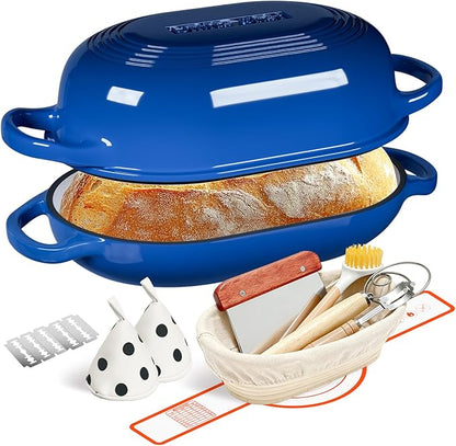 Enameled Cast Iron Dutch Oven for Bread Baking - incl. Sourdough Bread-Baking Supplies like Banneton Bread-Proofing Basket - 5QT Loaf Cast Iron Bread Oven Pan with Lid Meatloaf Pan with Lid, Sour Sough Tools, Lame(Blue） by UmiteChef