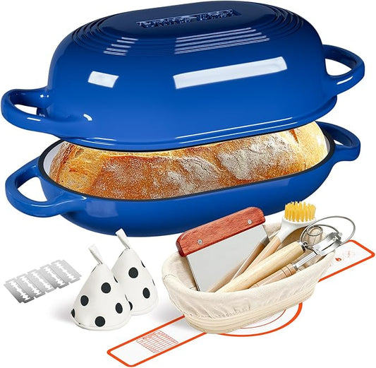 Enameled Cast Iron Dutch Oven for Bread Baking - incl. Sourdough Bread-Baking Supplies like Banneton Bread-Proofing Basket - 5QT Loaf Cast Iron Bread Oven Pan with Lid Meatloaf Pan with Lid, Sour Sough Tools, Lame(Blue） by UmiteChef