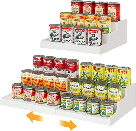 Expandable Bamboo Can Rack Organizer for Pantry, 3-Tier Adjustable Can Storage for Kitchen Cabinets, Soda & Canned Goods Holder for Pantry Organization, Holds Up to 24 Cans, White (Patent Pending)