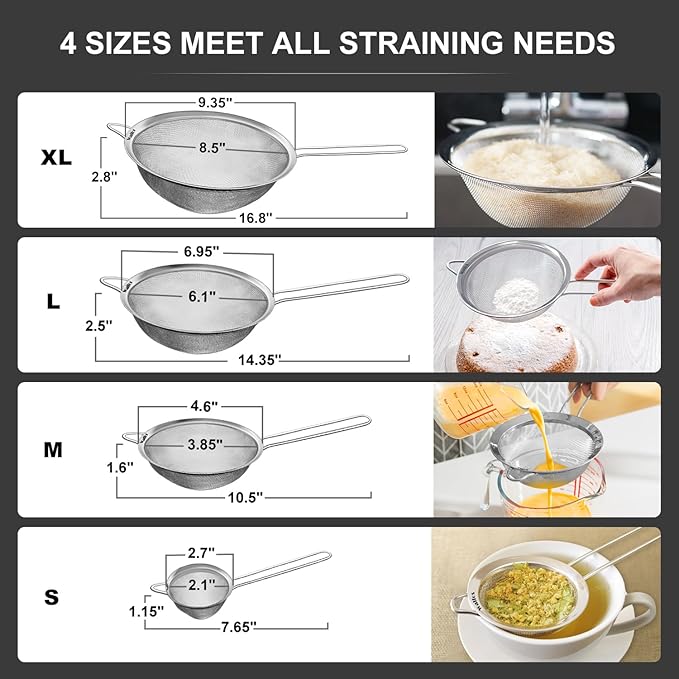 Walfos Extra Fine Mesh Strainer Set of 4-9.35", 6.95", 4.6", 2.7", Stainless Steel 30 Mesh Sieve with Sturdy Handle, Kitchen Food Strainers Sifters for Quinoa, Pasta, Fruits, Vegetables, Rice, Tea - Image 2