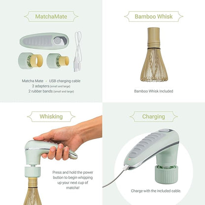 Matcha Mate Electric Powered Bamboo Whisk - Traditional Whisking with Electronic Precision - Rechargeable Portable Tea Frother, Stirrer, Mixer, Making Machine Set Accessories Kit - Gift (Gift Set)