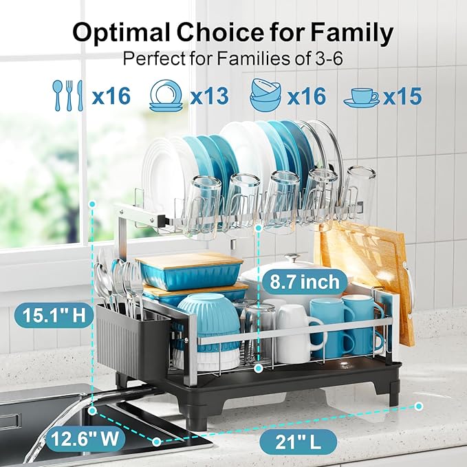 GSlife Stainless Steel Dish Drying Rack 2 Tier, Compact Dish Racks for Kitchen Counter with Cutting Board Holder, Auto-Drain Spout, Rust Proof Dish Drainer for Apartment, 21" L x 12.6" W, Silver - Image 2