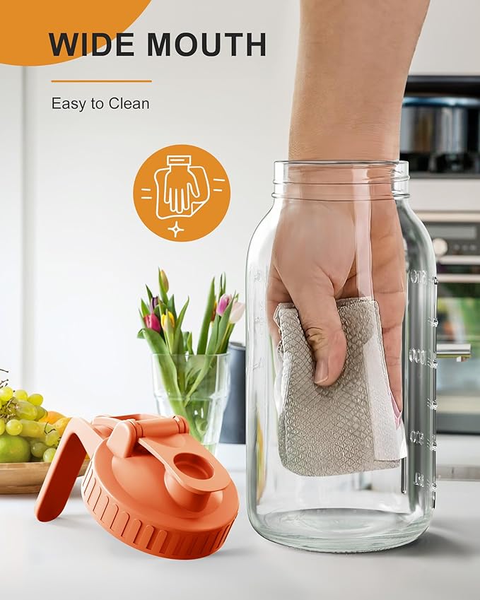 2 Pack Glass Mason Jar Pitcher with Lid, 64 oz (2 Quart) Leakproof Water Pitcher with Handle for Sun Tea, Cold Brew, Milk & Juice, White & Orange - Image 5