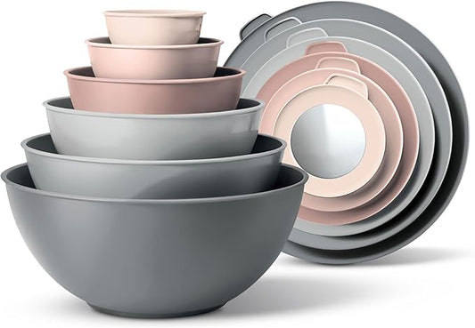 COOK WITH COLOR Mixing Bowls with TPR Lids - 12 Piece Plastic Nesting Bowls Set includes 6 Prep Bowls and 6 Lids, Microwave Safe Mixing Bowl Set (Pink Ombre) by CookwithColor