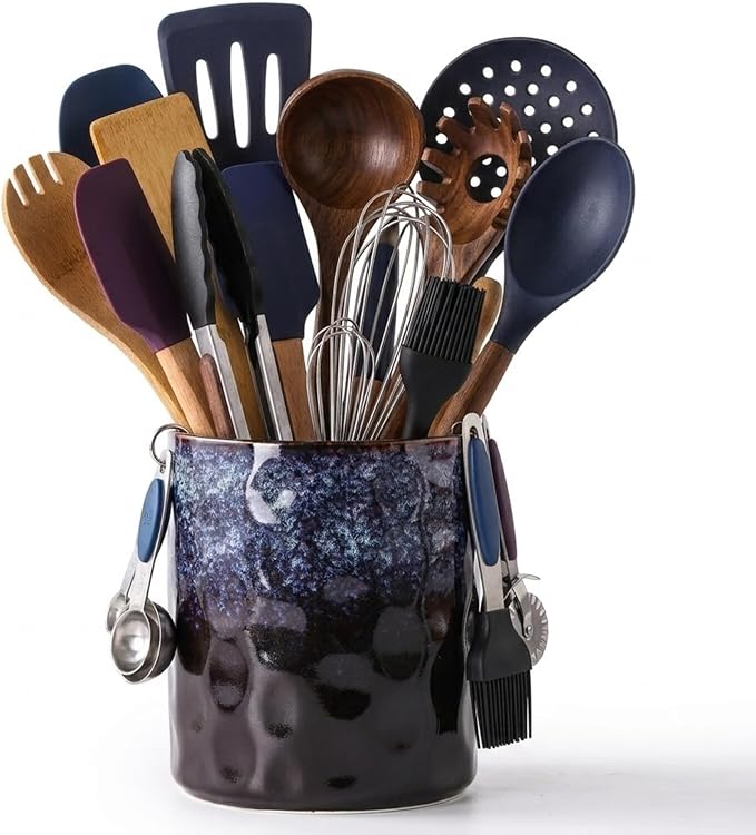 Ceramic Utensil Holder, Large 7.3" Ceramic Kitchen Utensil Crock,Handmade Fambe Reactive Cooking Utensil Organizer Modern Anti-Slipped Kitchen Decor for Spatula & Ladles, Reactive Glaze Spot