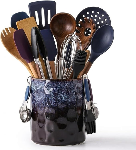 Ceramic Utensil Holder, Large 7.3" Ceramic Kitchen Utensil Crock,Handmade Fambe Reactive Cooking Utensil Organizer Modern Anti-Slipped Kitchen Decor for Spatula & Ladles, Reactive Glaze Spot