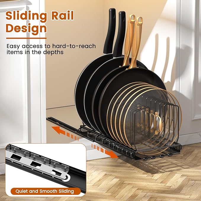 Housolution 2 Pack Pull Out Pot and Pan Organizer for Under Cabinet, Slide Out Pot Lid Organizer with 10 Adjustable Dividers, Sliding Pan Holder Storage Rack Inside Cabinet, Black - Image 2