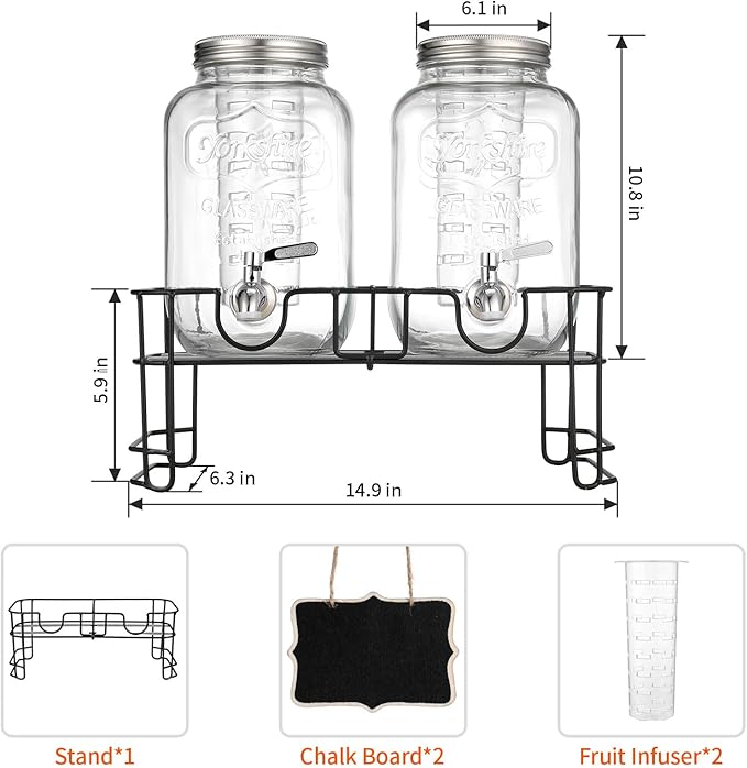 1 Gallon Glass Beverage Dispenser, 2 Pack Glass Drink Dispensers for ies with Stand, Lid&Stainless Steel Spigot, Lemonade Dispenser With Ice Cylinder for Weddings, Sun Tea Jar, Juice Dispensers - Image 3