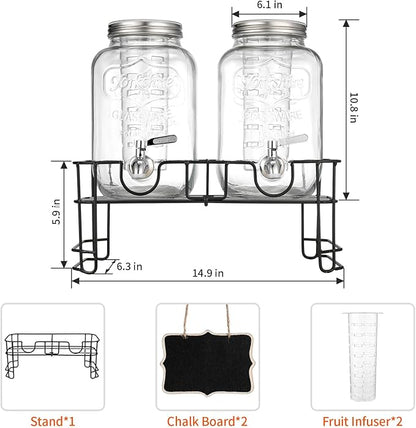 1 Gallon Glass Beverage Dispenser, 2 Pack Glass Drink Dispensers for ies with Stand, Lid&Stainless Steel Spigot, Lemonade Dispenser With Ice Cylinder for Weddings, Sun Tea Jar, Juice Dispensers - Image 3