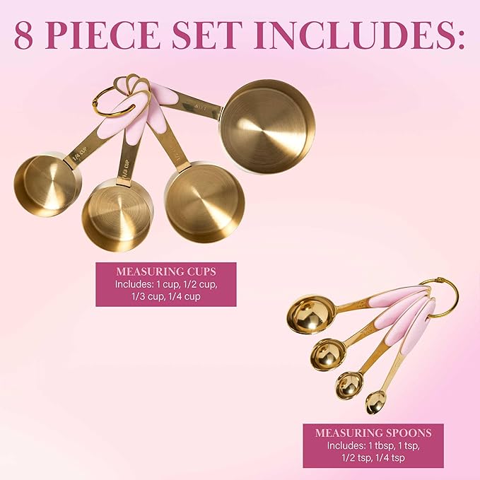 Paris Hilton Measuring Cups and Spoons Set, Stainless Steel with Pink Silicone Inset Handle, Dishwasher Safe, For Dry and Liquid Ingredients, 8-Piece Set, Gold and Pink - Image 6