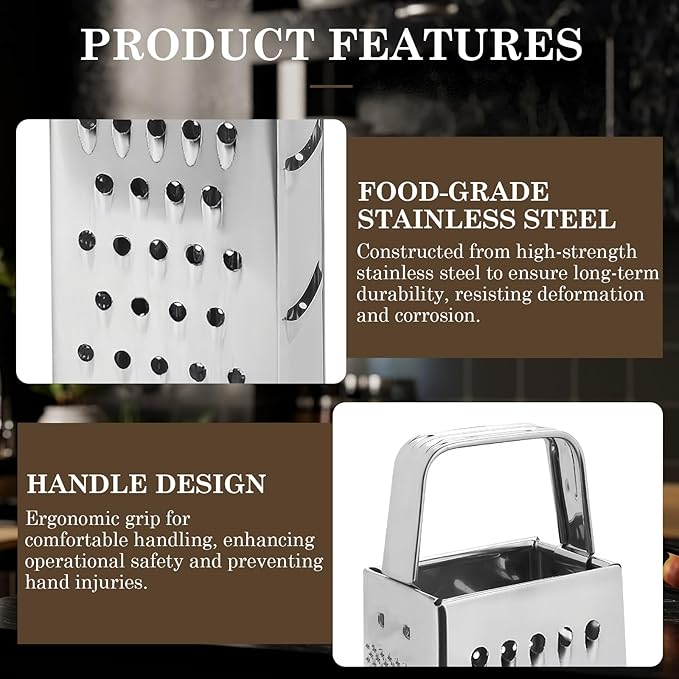 Stainless Steel Vegetable Grater, 4-Sided Portable Metal Grater, Cheese Grater with Handle for Kitchen (8inch) - Image 3