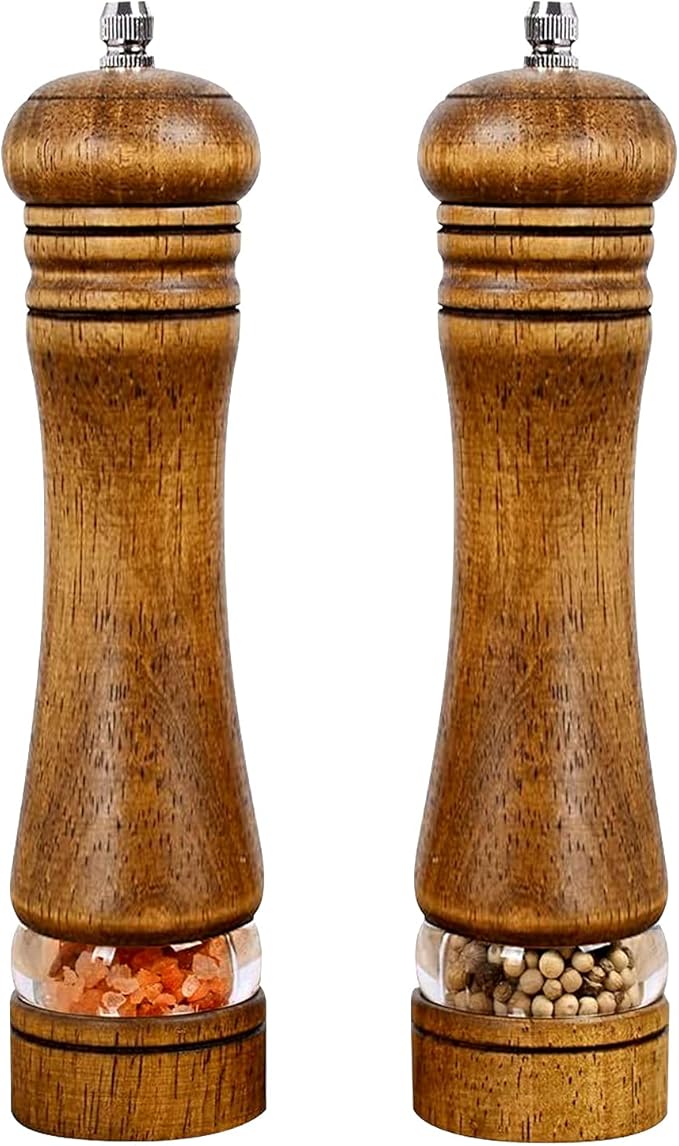 Haomacro Pepper Grinder, Wood Salt and Pepper Mills Set, Classic Manual Spice Grinder Refillable Salt Mill Sets with Acrylic Visible Window Adjustable Ceramic Grinding Rotor 8 inch 2 Pack by Haomacro