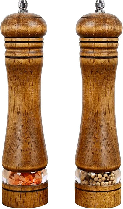 Haomacro Pepper Grinder, Wood Salt and Pepper Mills Set, Classic Manual Spice Grinder Refillable Salt Mill Sets with Acrylic Visible Window Adjustable Ceramic Grinding Rotor 8 inch 2 Pack by Haomacro