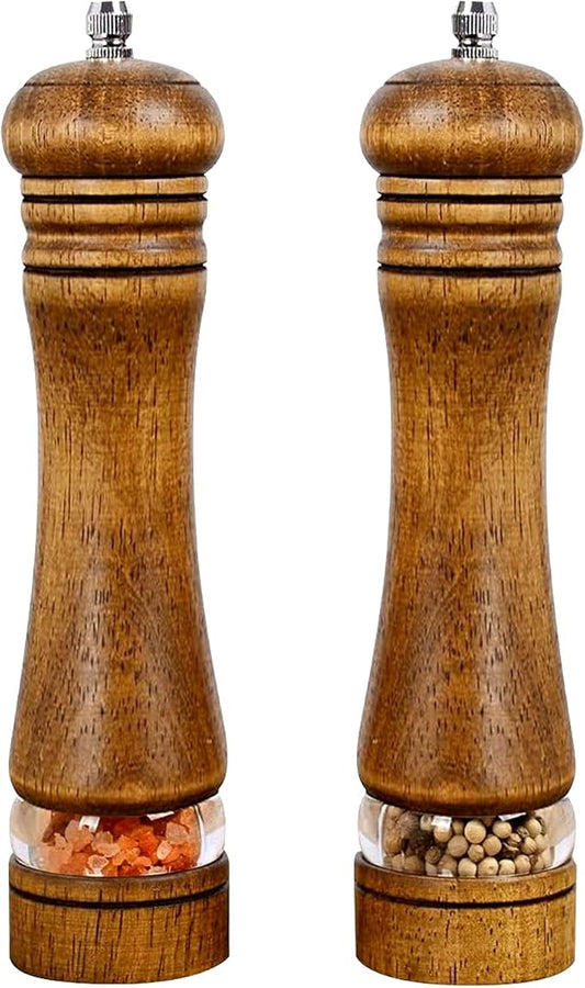 Haomacro Pepper Grinder, Wood Salt and Pepper Mills Set, Classic Manual Spice Grinder Refillable Salt Mill Sets with Acrylic Visible Window Adjustable Ceramic Grinding Rotor 8 inch 2 Pack by Haomacro