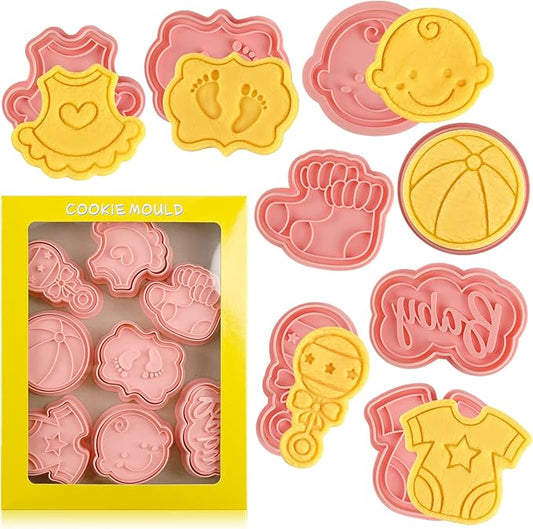 Baby Shower Cookie Cutters Set, 8 Pcs Cookie Cutter with Plunger Stamps, Cute Cookie Cutters for Baby Shower Biscuit Cheese Baking