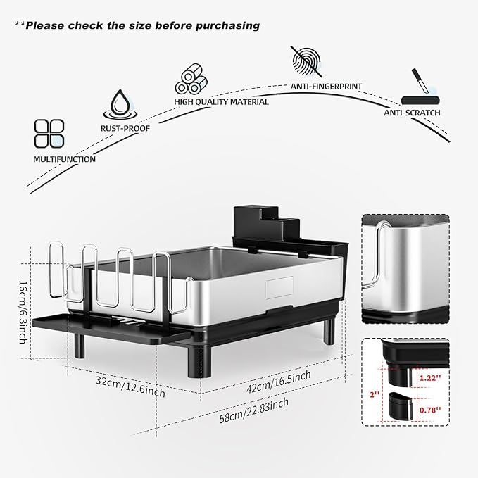 Ewaiira Dish Drying Rack, 304 Stainless Steel Dish Racks for Kitchen Counter, Dish Drainers with Automatic Drainage, Utensil Holder & Cups Holder, Space Saving Kitchen Organizer, Black 16.5''x12.6'' - Image 7