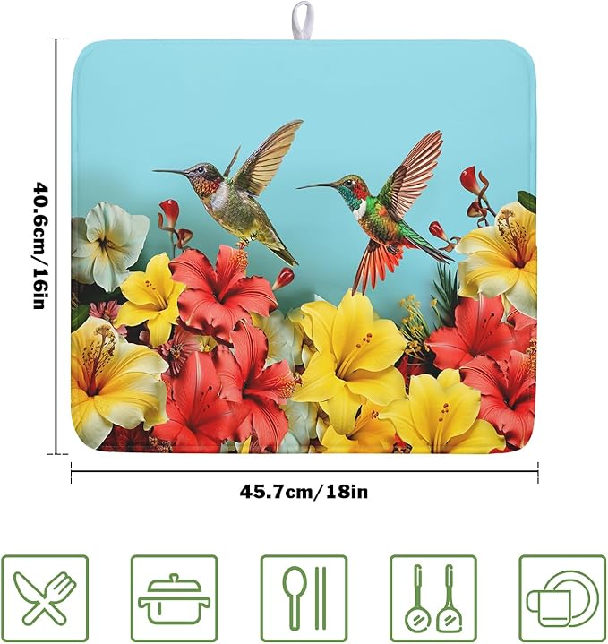 Kawani Spring Summer Hummingbirds Floral Dish Drying Mat for Kitchen Counter 16x18 In Spring Hibiscus Tropical Drying Mat Fast Dry Absorbent Microfiber Dish Drainer Rack Pad for Countertop Decor