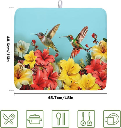 Kawani Spring Summer Hummingbirds Floral Dish Drying Mat for Kitchen Counter 16x18 In Spring Hibiscus Tropical Drying Mat Fast Dry Absorbent Microfiber Dish Drainer Rack Pad for Countertop Decor